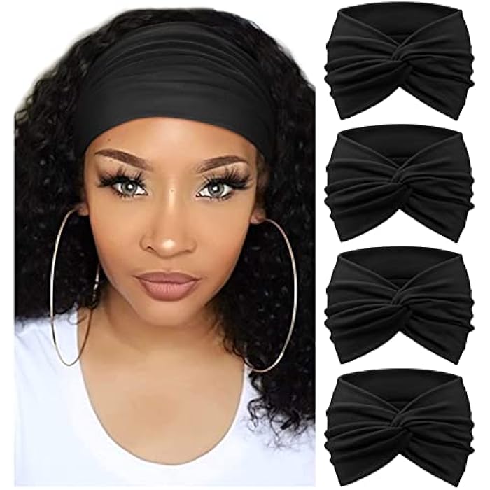 DRESHOW 4 Pack Turban Headbands for Women Wide Vintage Head Wraps Knotted Cute Hair Band Accessories, 4 pcs: plain black, One Size - Image 1